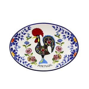 Small Traditional Rooster Galo Barcelos Floral Ceramic Oval Platter