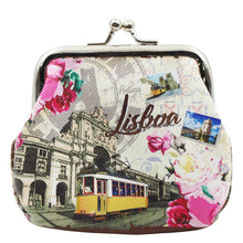 Load image into Gallery viewer, Lisboa Portugal Coin Purse with Pink Floral Motifs, Yellow Lisbon Tram Design, Clasp Closure
