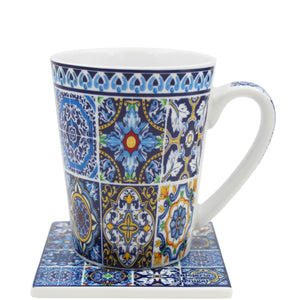 Traditional Blue Tile Azulejo Portuguese Ceramic Coffee Mug with Coaster