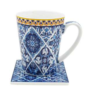 Traditional Blue Tile Azulejo Portuguese Ceramic Coffee Mug with Coaster