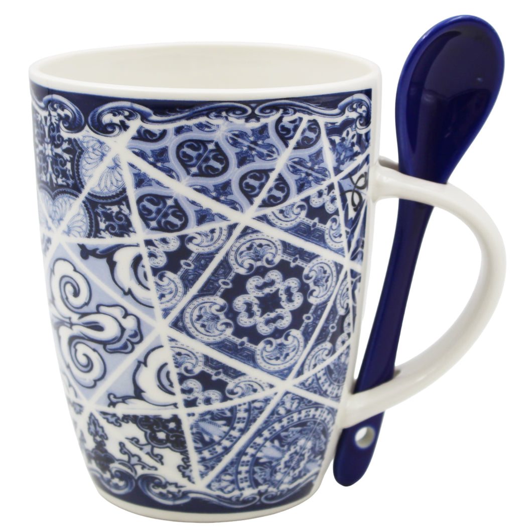 Portuguese Azulejo Blue Tile Patterned Ceramic Mug Set with Stirring Spoon and Gift Box