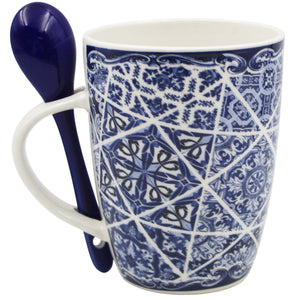 Portuguese Azulejo Blue Tile Patterned Ceramic Mug Set with Stirring Spoon and Gift Box