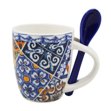 Load image into Gallery viewer, Traditional Blue &amp; Orange Tile Azulejo Ceramic Espresso Cup with Stirring Spoon and Gift Box
