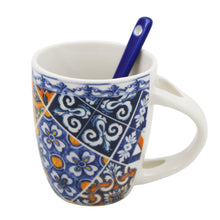 Load image into Gallery viewer, Traditional Blue &amp; Orange Tile Azulejo Ceramic Espresso Cup with Stirring Spoon and Gift Box
