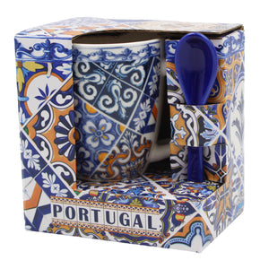 Traditional Blue & Orange Tile Azulejo Ceramic Espresso Cup with Stirring Spoon and Gift Box