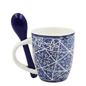 Portuguese Azulejo Blue Tile Patterned Ceramic Espresso Set with Stirring Spoon and Gift Box