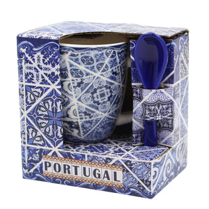 Portuguese Azulejo Blue Tile Patterned Ceramic Espresso Set with Stirring Spoon and Gift Box