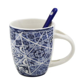 Portuguese Azulejo Blue Tile Patterned Ceramic Espresso Set with Stirring Spoon and Gift Box