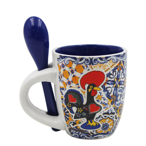 Portuguese Rooster Sardine Azulejo Patterned Ceramic Espresso Set with Stirring Spoon and Gift Box