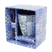 Load image into Gallery viewer, Algarve Blue Azulejo Pattern Ceramic Espresso Cup with Integrated Spoon
