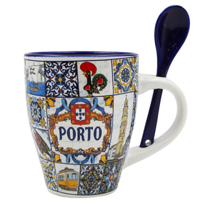 Traditional Porto Portugal Themed Ceramic Coffee Mug with Spoon