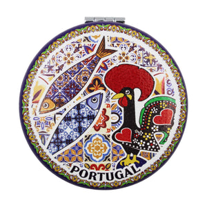 Portuguese Pocket Mirror with Barcelos Rooster, Sardine, and Azulejo Pattern