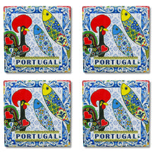 Load image into Gallery viewer, Set of 4 Square Ceramic Coasters with Cork Backing – Traditional Portuguese Imagery, Azulejo Background
