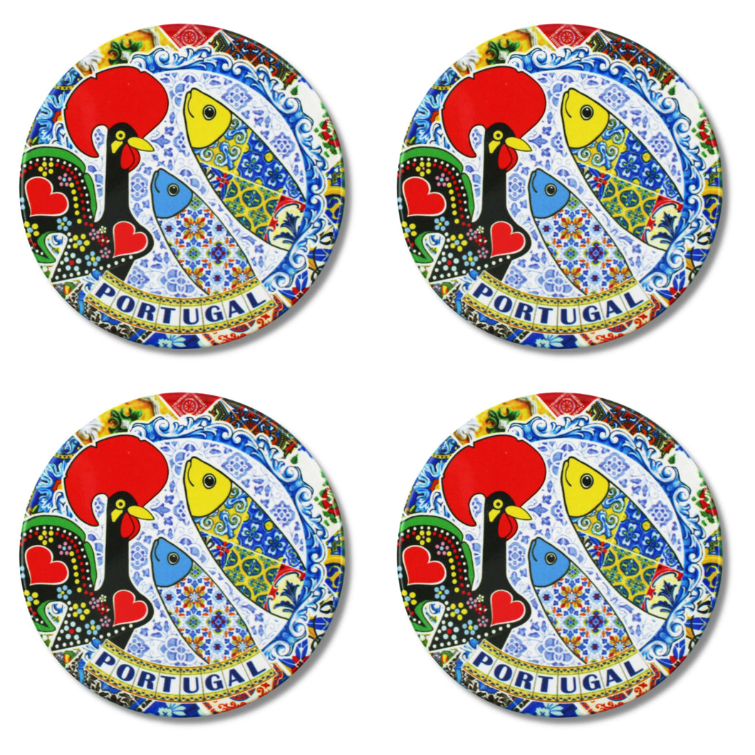 Set of 4 Ceramic Coasters with Cork Backing – Traditional Portuguese Imagery, Azulejo Background, Rooster & Sardine Design