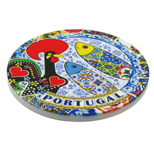 Set of 4 Ceramic Coasters with Cork Backing – Traditional Portuguese Imagery, Azulejo Background, Rooster & Sardine Design