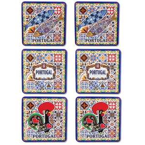 Portuguese Themed Coaster Set - 6 Piece Collection with Tile Azulejo, Rooster & Sardine Design