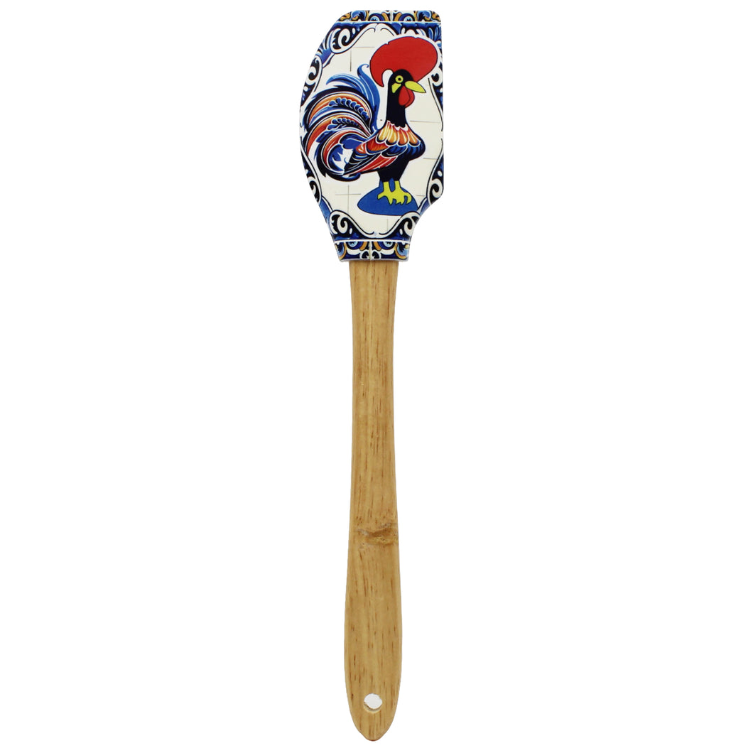 Portuguese Azulejo Silicone Baking Spatula with Rooster Design & Wooden Handle