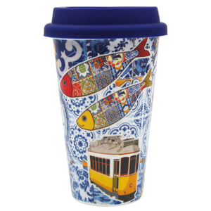 Ceramic Mug with Silicone Lid - Vibrant Portuguese Icons Azulejo Pattern