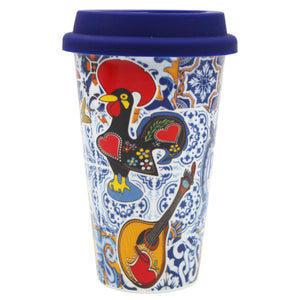 Ceramic Mug with Silicone Lid - Vibrant Portuguese Icons Azulejo Pattern