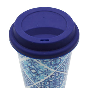 Ceramic Mug with Silicone Lid - Blue and White Portuguese Azulejo Pattern