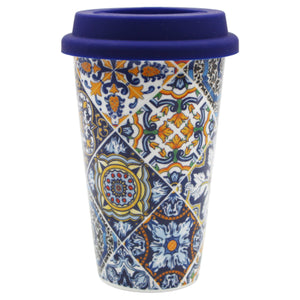 Ceramic Mug with Silicone Lid - Vibrant Portuguese Azulejo Pattern