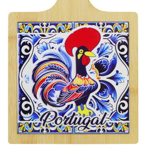 Portuguese Rooster Design Wooden Serving Tray with Ceramic Tile Center