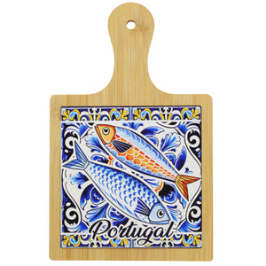 Portugal Sardine Design Wooden Serving Tray with Ceramic Tile Center