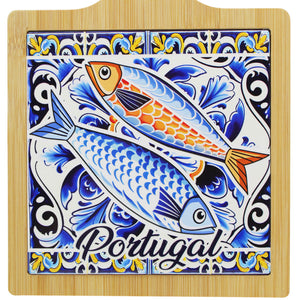 Portugal Sardine Design Wooden Serving Tray with Ceramic Tile Center