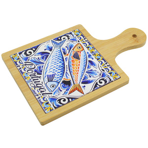 Portugal Sardine Design Wooden Serving Tray with Ceramic Tile Center