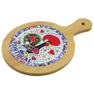 Portuguese Rooster Round Serving Tray with Azulejo Tile Center and Handle