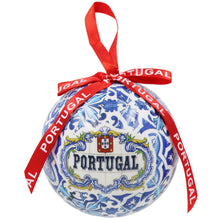 Load image into Gallery viewer, Portugal Christmas Ornament with Blue Azulejo-Style Design and Red Portugal Ribbon
