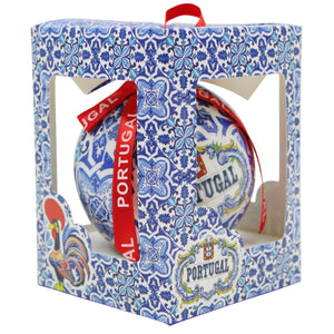 Portugal Christmas Ornament with Blue Azulejo-Style Design and Red Portugal Ribbon