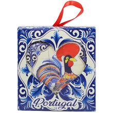 Load image into Gallery viewer, Heart-Shaped Portugal Christmas Ornament with Barcelos Rooster Azulejo Tile Design and Ribbon
