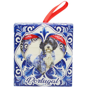 Heart-Shaped Portugal Christmas Ornament with Portuguese Water Dog Azulejo Tile Design and Ribbon