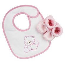 Load image into Gallery viewer, Portuguese Pink Baby Velcro Closure Bib and Booties with Bow Set
