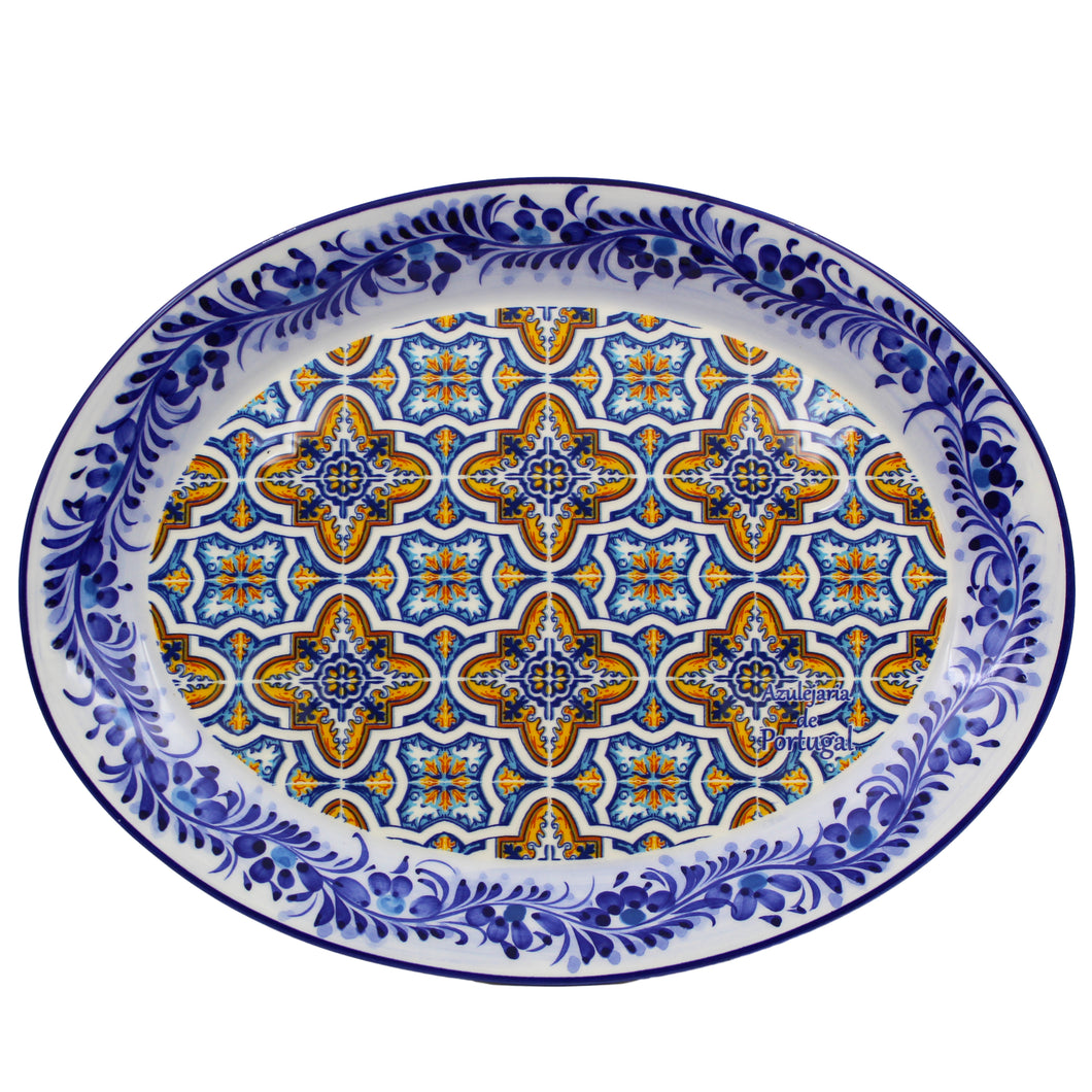 Traditional Blue and Orange Tile Azulejo Floral Ceramic Oval Platter