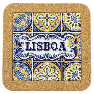 Cork Trivet with Tile Centerpiece - Azulejo Pattern Featuring Lisboa Design