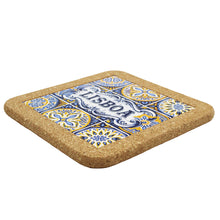 Load image into Gallery viewer, Cork Trivet with Tile Centerpiece - Azulejo Pattern Featuring Lisboa Design
