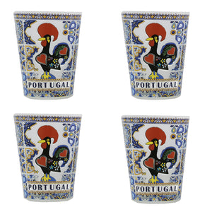 Portuguese Azulejo Tile Good Luck Rooster Sardine Themed Shot Glass, Set of 4