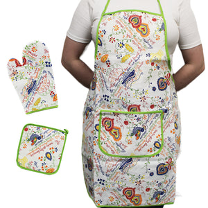 100% Cotton Kitchen Apron, Oven Mitt and Pot Holder Set - Various Colors