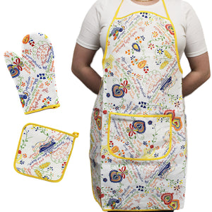 100% Cotton Kitchen Apron, Oven Mitt and Pot Holder Set - Various Colors