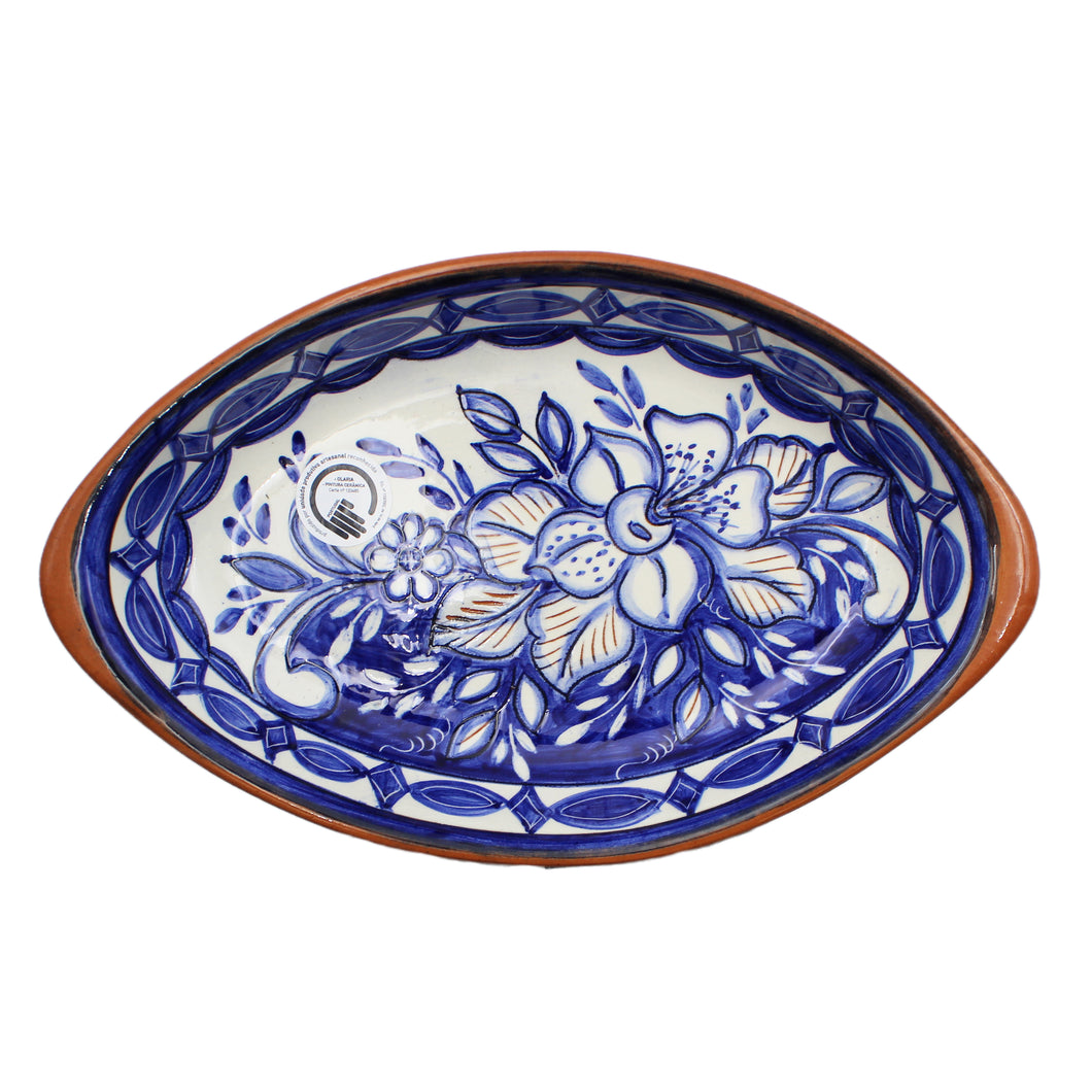 Hand-Painted Portuguese Pottery Clay Terracotta Blue Boat Platter