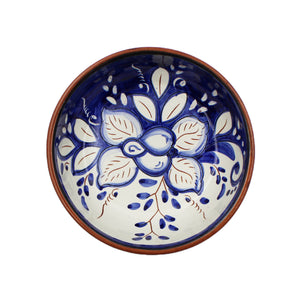 Hand-Painted Portuguese Pottery Clay Terracotta Blue Floral Small Low Bowl Set