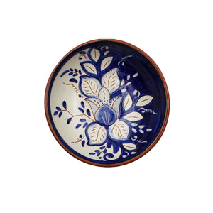 Hand-Painted Portuguese Pottery Clay Terracotta Blue Floral Snack Bowl Set