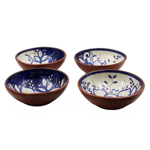 Hand-Painted Portuguese Pottery Clay Terracotta Blue Floral Snack Bowl Set