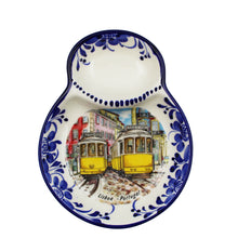 Load image into Gallery viewer, Traditional Lisbon Tram Blue Floral Olive Dish with Pit Holder
