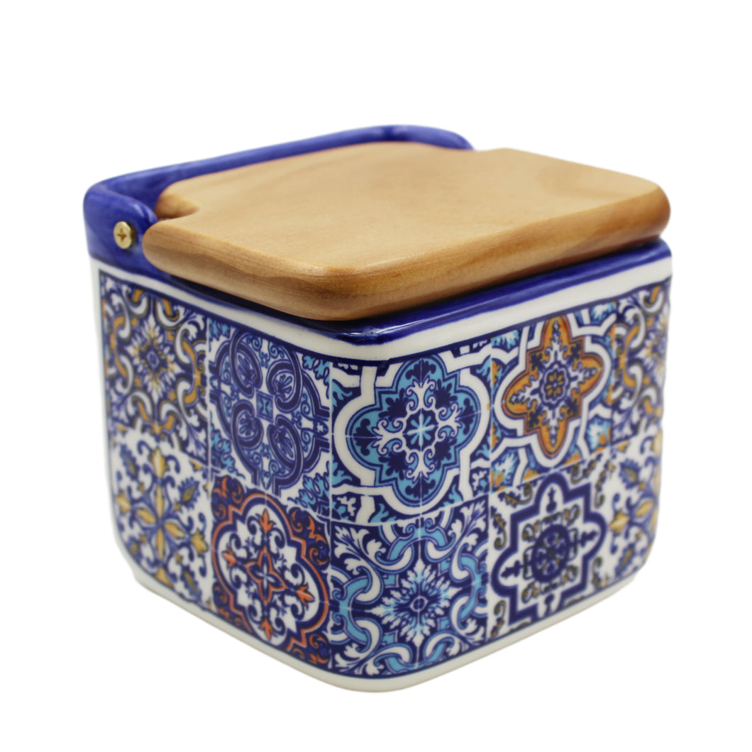 Tradtional Blue Tile Azulejo Ceramic Salt Holder with Lid