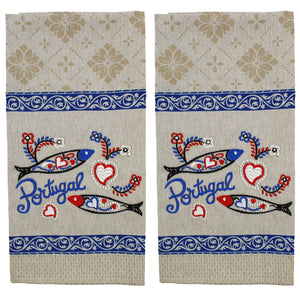 Traditional Portuguese Sardine Blue & Beige Cotton Kitchen Dish Towel, Set of 2