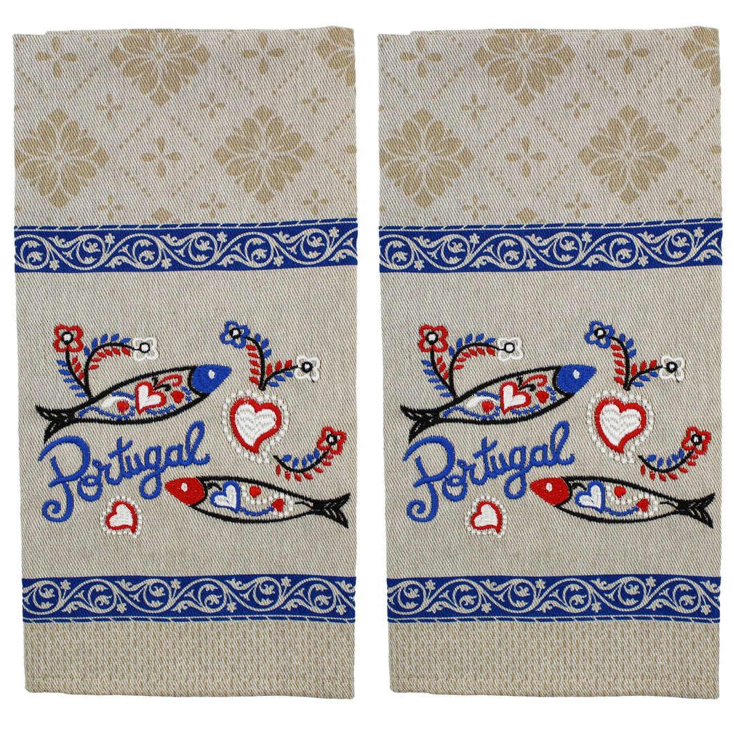 Traditional Portuguese Sardine Blue & Beige Cotton Kitchen Dish Towel, Set of 2