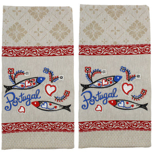 Traditional Portuguese Sardine Red & Beige Cotton Kitchen Dish Towel, Set of 2